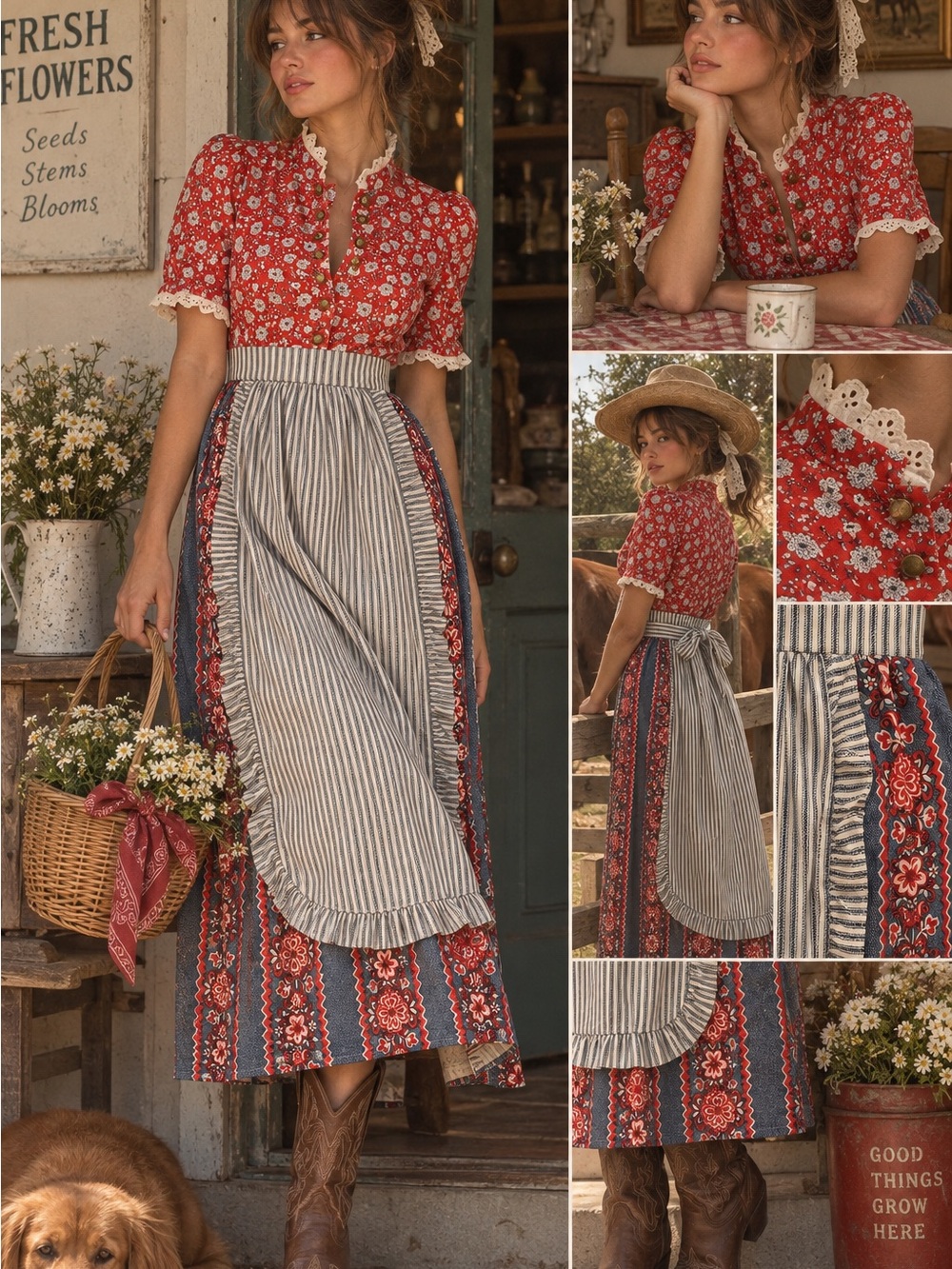 Vintage 70s Prairie Maxi Dress Apron Red Floral Americana Cottagecore 🍎 🧺